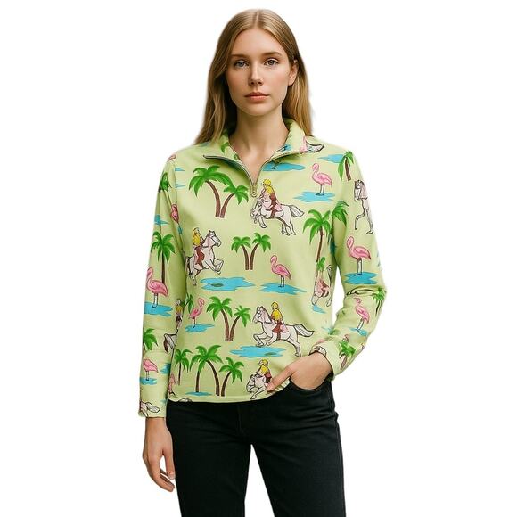 ATE Jumper Palm Tree Flamingo Green Blue Equestrian Horse Riding Sun Shirt Top M - Picture 1 of 4